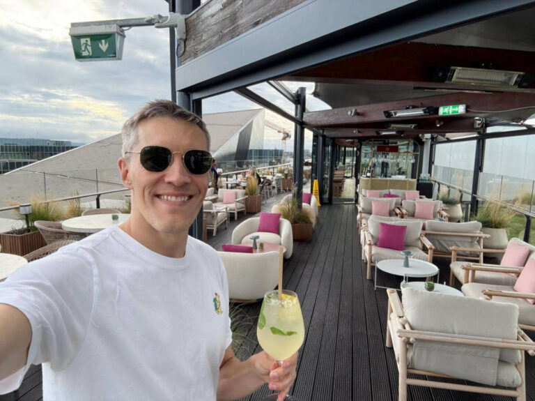 Enjoying a Hugo Spritz on the rooftop
