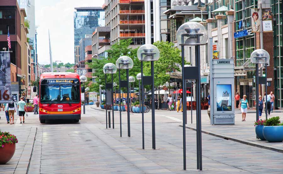 View of an electric bus in the 16th Street Mall Ride