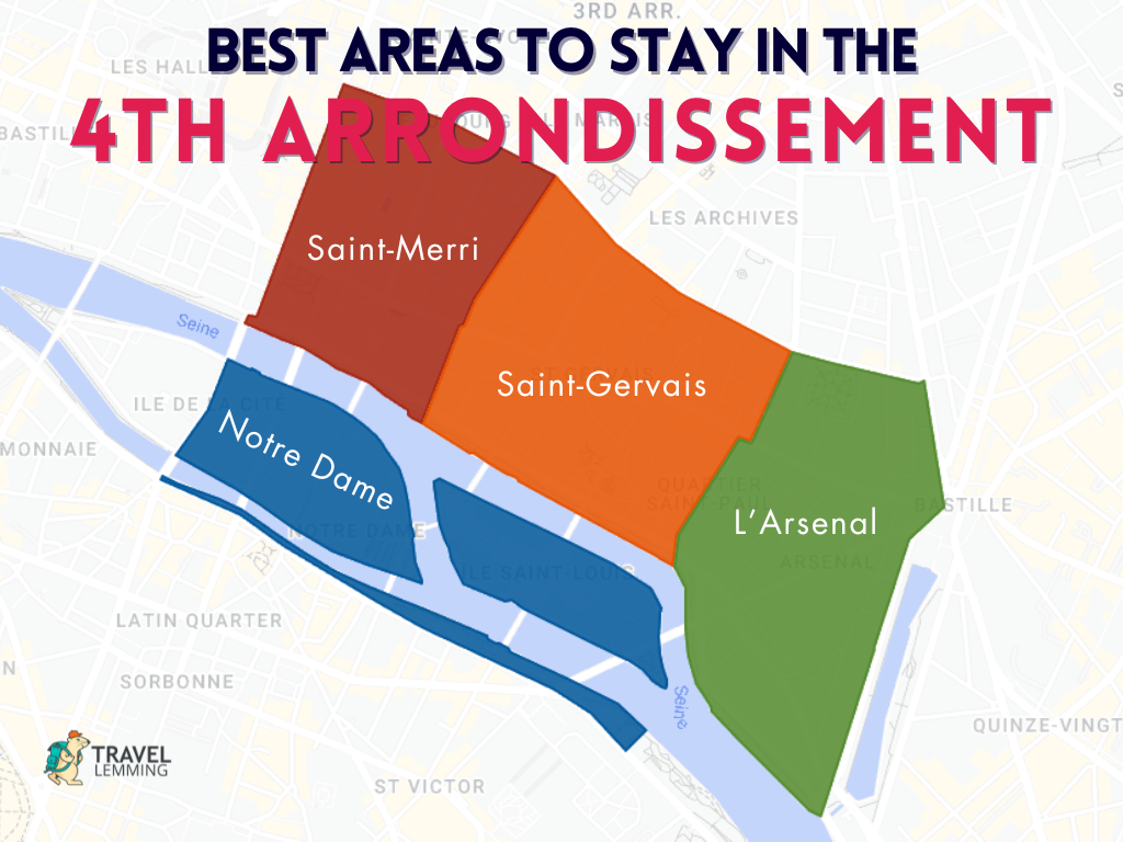 A graphic map that shows the best areas to stay in 4th Arrondissement