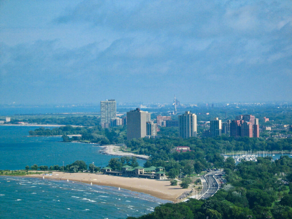 Aerial view of the Chicago skyline and 63rd Street Beach