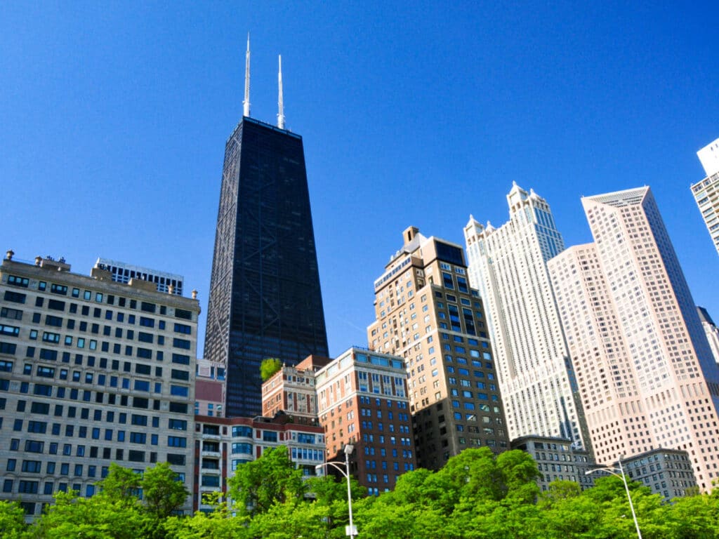 View of the buildings at the 875 North Michigan Avenue with the deep blue sky in the background