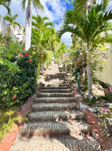 View of the 99 steps made of ship ballast stones leading to Blackbeard’s Castle