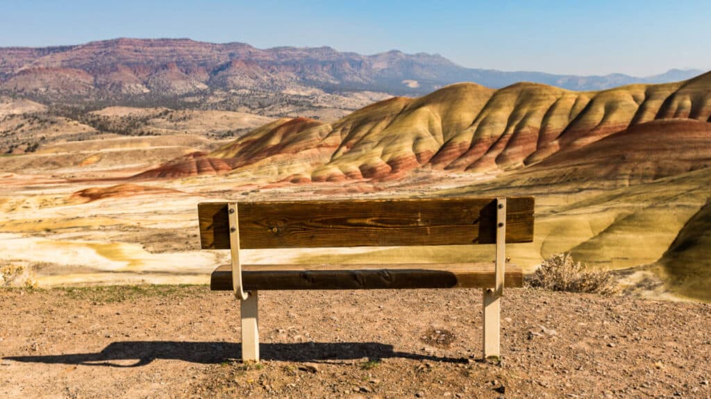 A lone bench at the Painted Hills Overlook