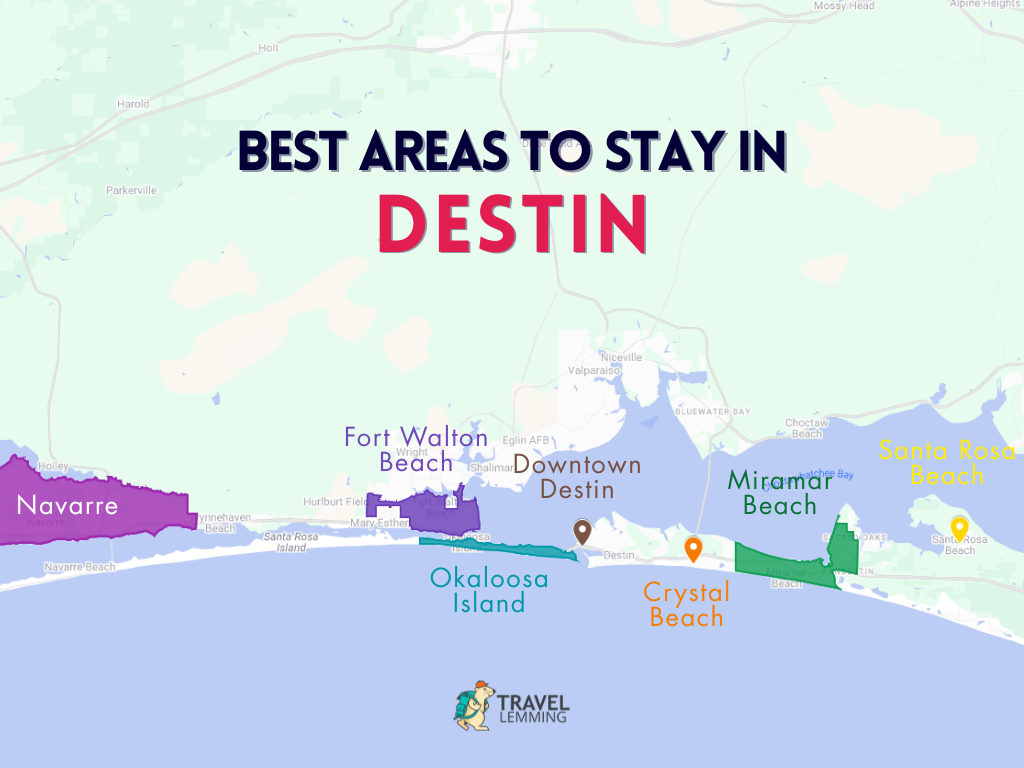 A graphic map that shows the best areas to stay in Destin