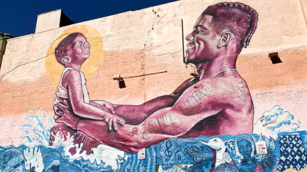 View of a mural of a father and son in the flood in New Orleans