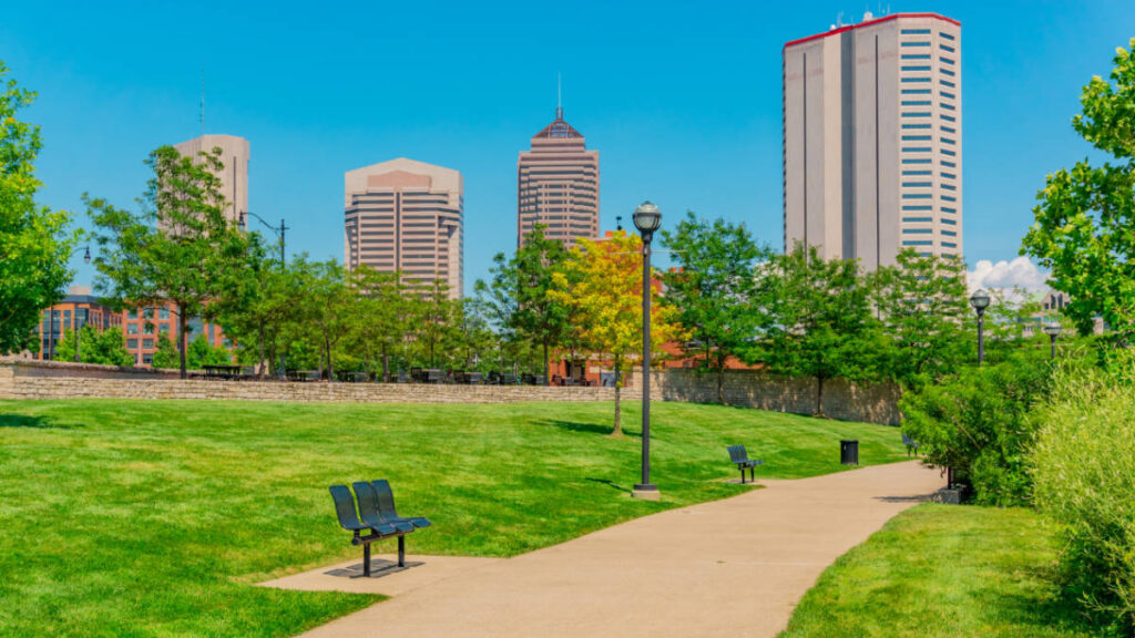 Clear blue sky over one of the parks in Columbus, Ohio