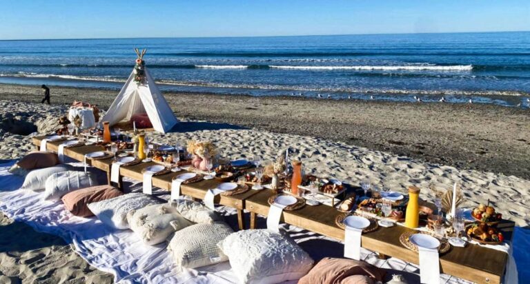 A fancy table setting at the beach during sunset in Encinitas