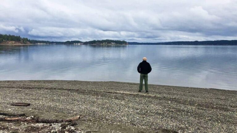 A man looking at the island from the shoreline
