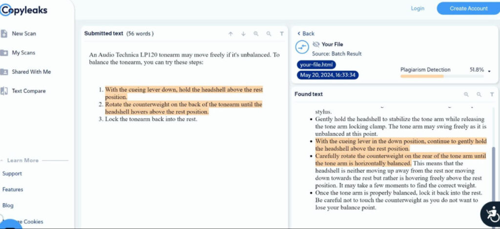 A text similarity analysis showing the similarity of AI Overview demo’s text to a website's content