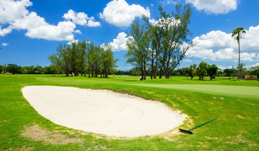 View of a golf course landscape and a clear blue sky