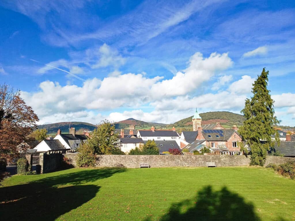 View of the town of Abergavenny from the lawn of Abergavenny Castle