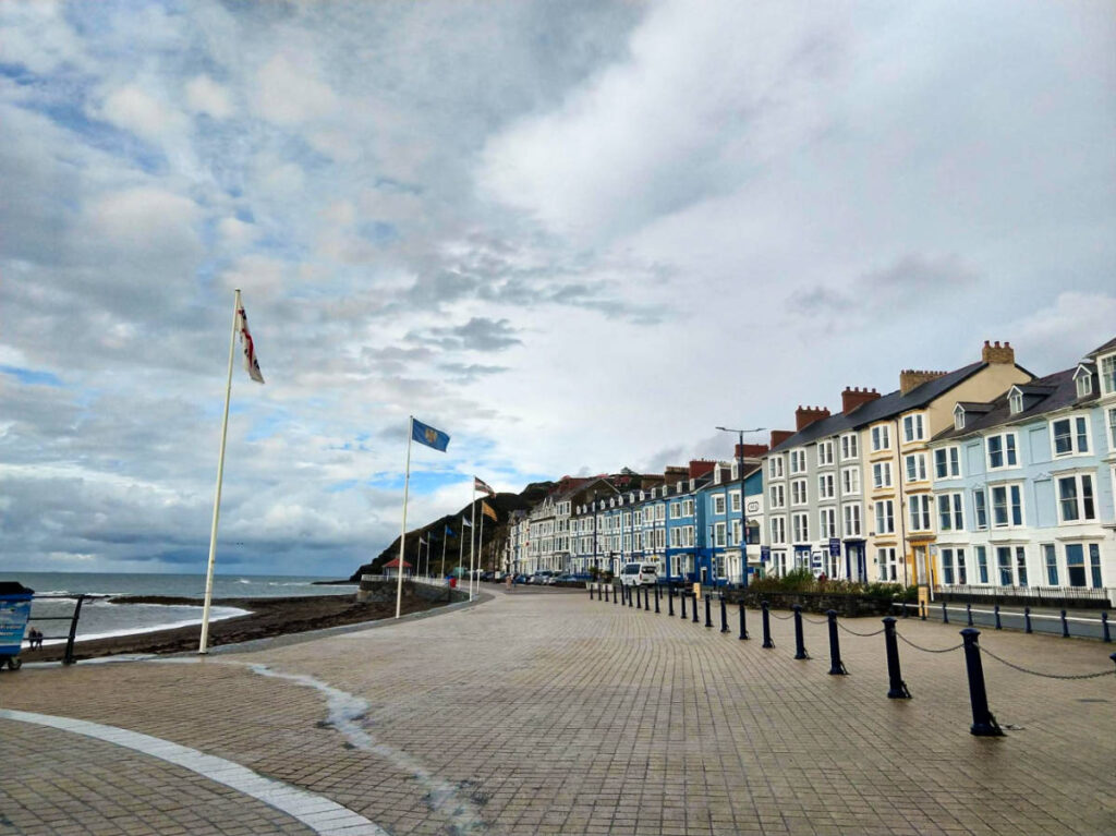 View of the colorful Victorian style buildings along the Aberystwyth North Beach