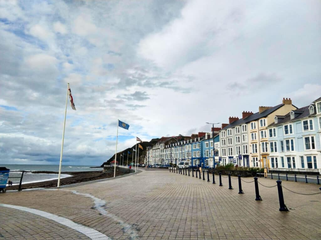 View of the colorful buildings at the seafront Aberystwyth