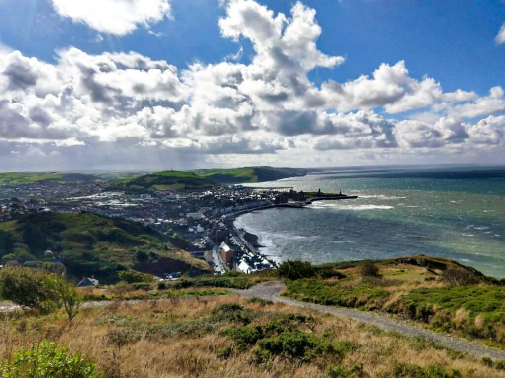 Overlooking view of Aberystwyth from the Constitution Hill on a sunny day