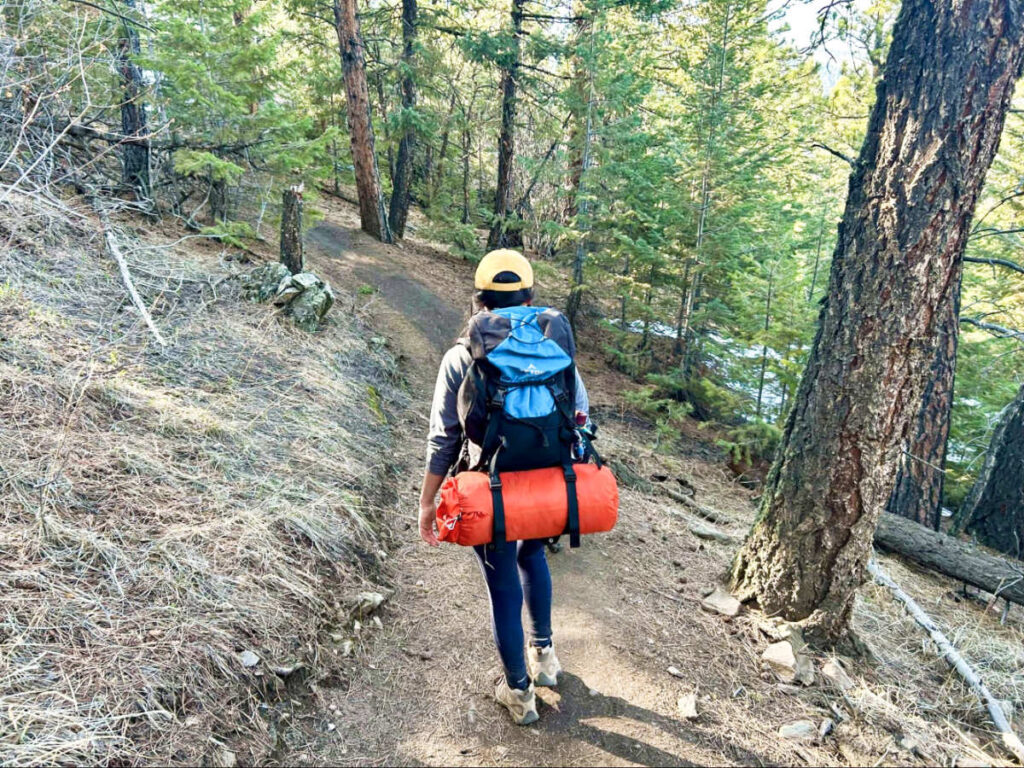The author, Abigail hiking with the Teton Sports Scout Backpack in the forest