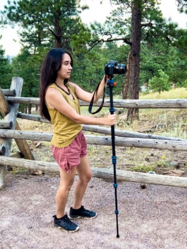 The author Abigail Bliss, shooting on a DSLR with the 3 Legged Thing Punks Corey 2.0 converted to monopod
