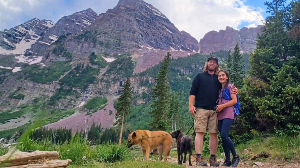 Abigail with her husband and their dogs at the Maroon Bells in Aspen, Colorado