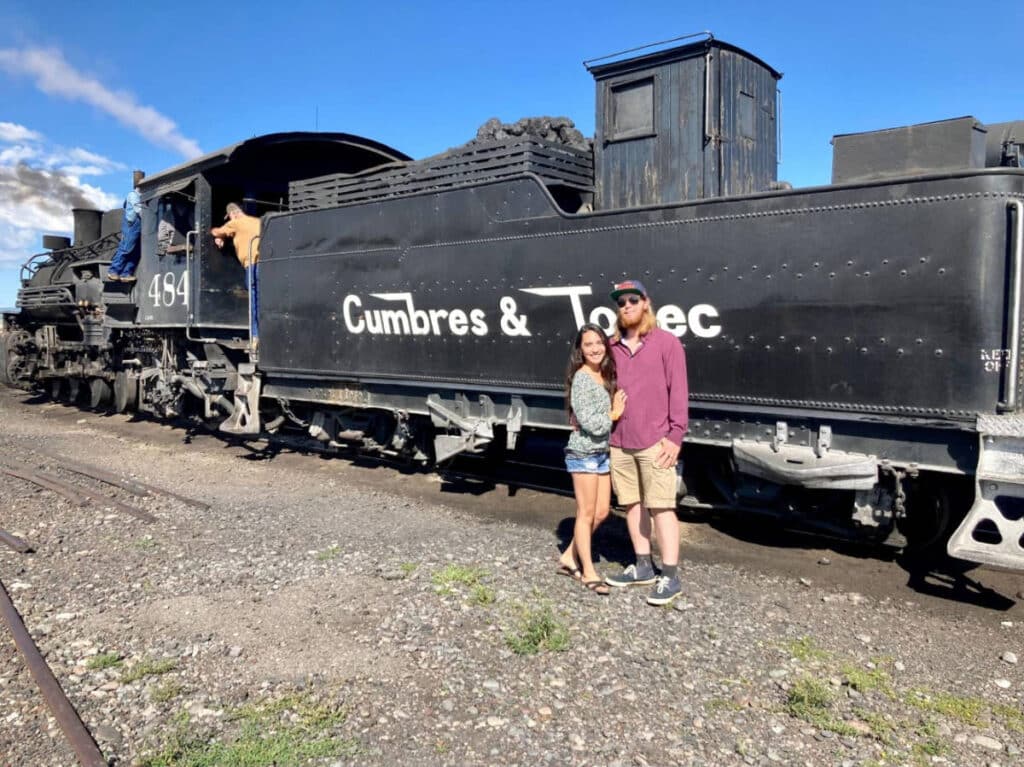 Abigail Bliss with her husband and the Cumbres and Toltec train