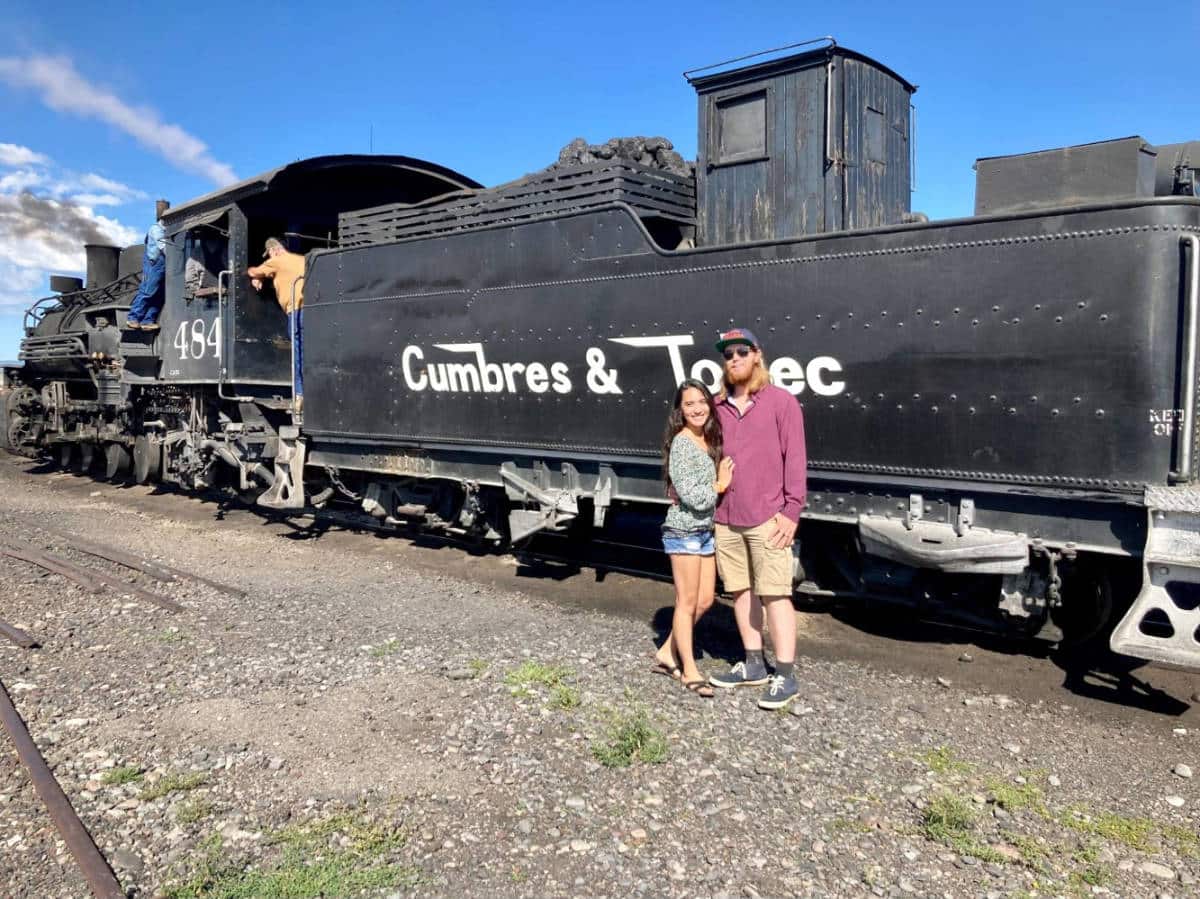 Abigail Bliss with her husband and the Cumbres and Toltec train