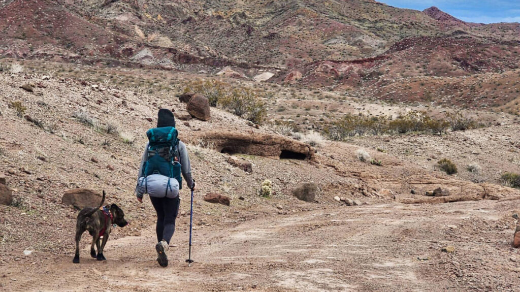 Abigail with the Osprey Eja Backpack hiking with her dog