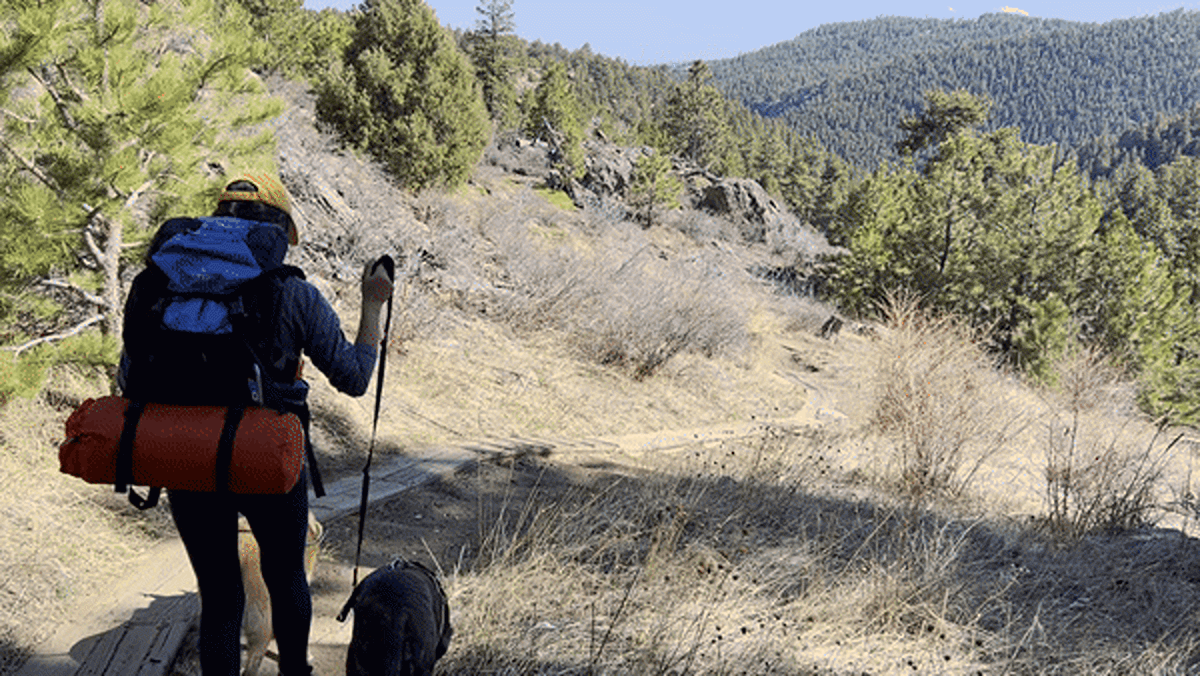 The author, Abigail hiking with the dogs with a scenic view in Utah