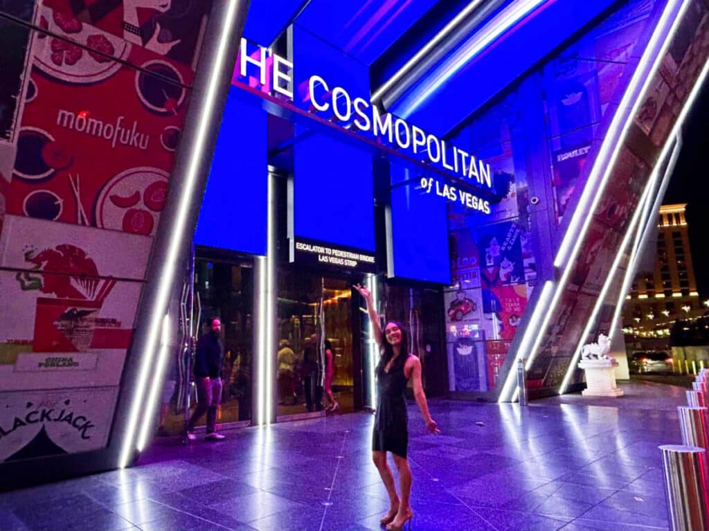 Travel Lemming editor Abigail Bliss, posing near the entrance of The Cosmopolitan