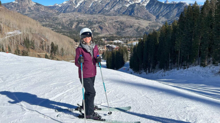 The author Abigail Bliss skiing at the Purgatory Resort