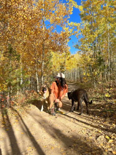 The author Abigail and her dogs at the trail in autumn