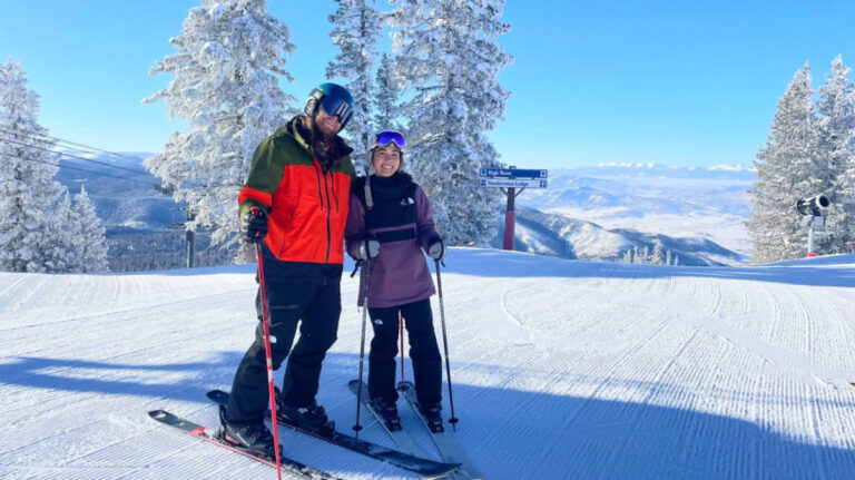 The author Abigail and her husband ready to ski at Steamboat Ski Resort