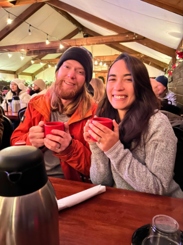 Travel Lemming Editor Abigail and her husband enjoying their drink in the dinner yurt