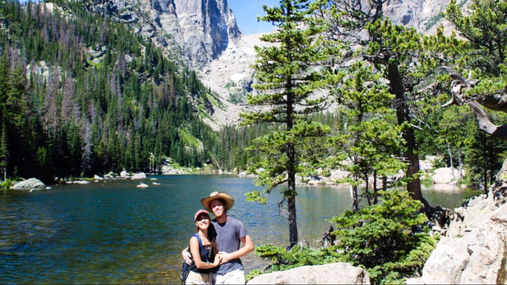 The author Abigail Bliss with her husband at the Dream Lake in Rocky Mountain National Park