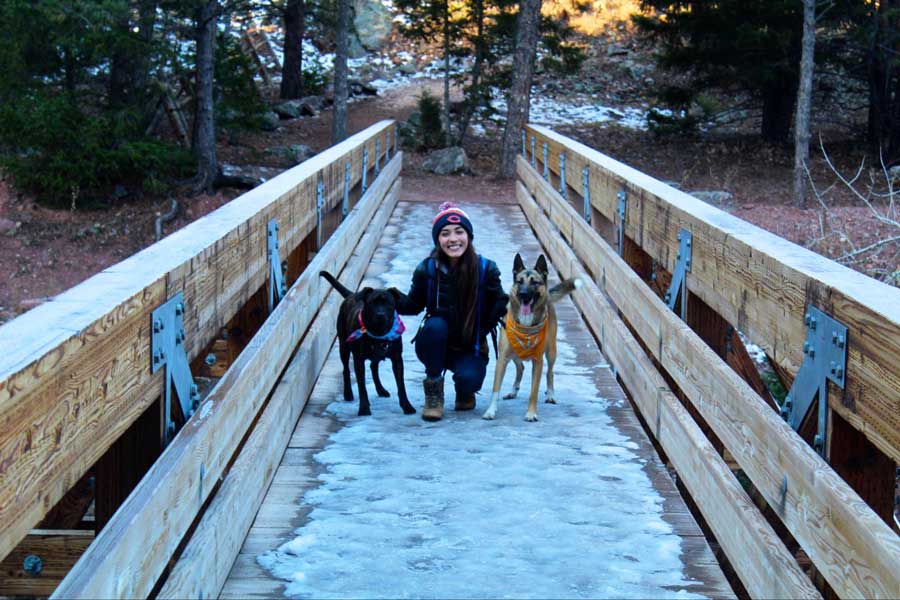 Abigail with her dogs at the Rattlesnake Gulch Trail