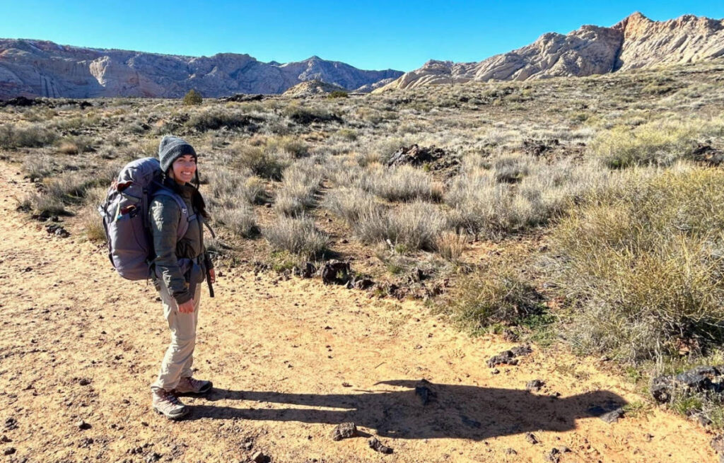 Abigail using The Backpacker by Salkan during a hike