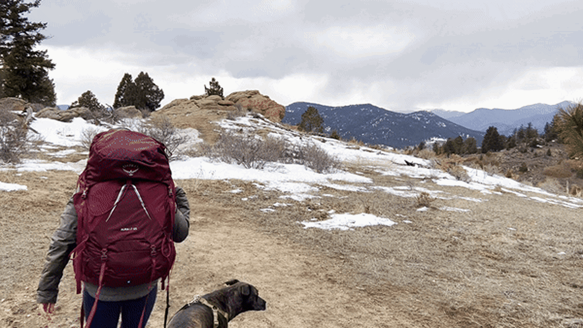 Abigail walking with her dog during a hike