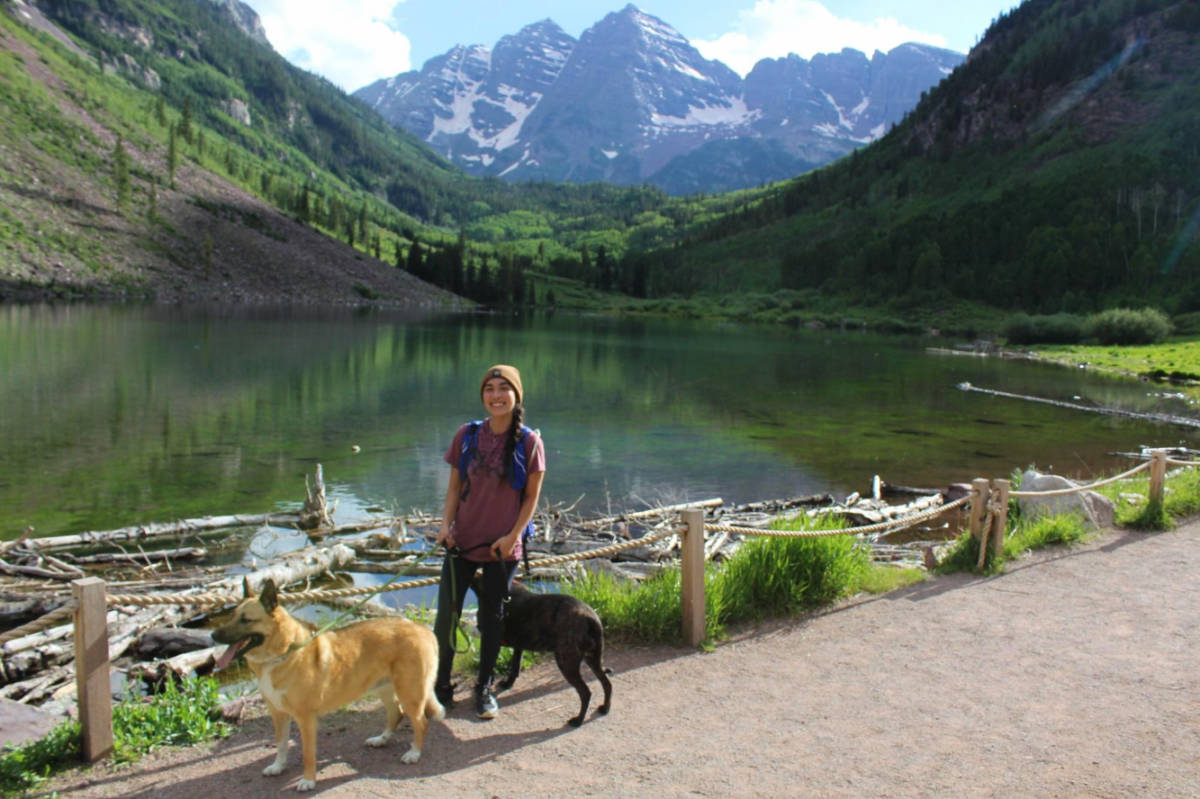 The author, Abigail Bliss with her dogs during a morning walk in Aspen, Colorado