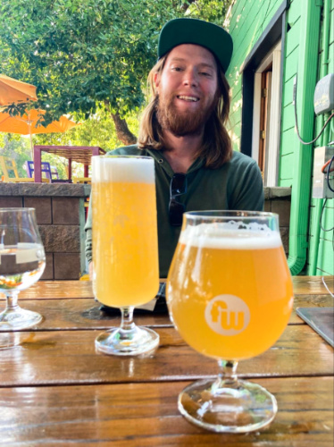 The author's husband Philip with two glasses of beer at Funkwerks