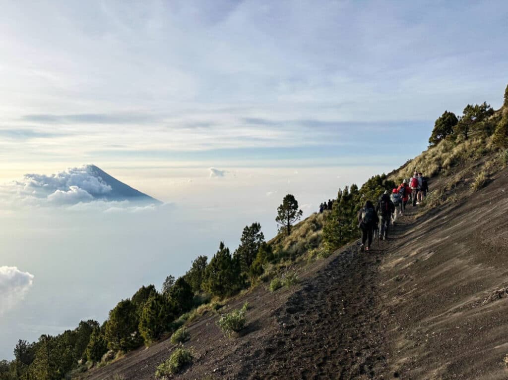Hikers descending from the summit of Acatenango