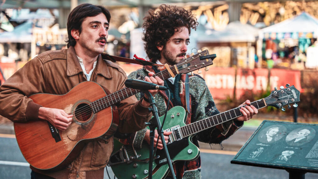 View of the two street musicians in Portland Market