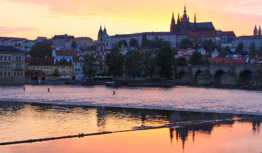 View of the Prague Castle and the colorful sky at sunset