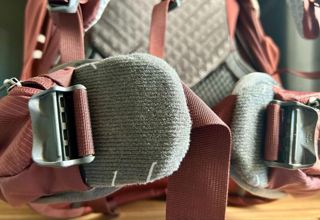 Close up view of the adjustable hip belt on the Gregory Maven backpack