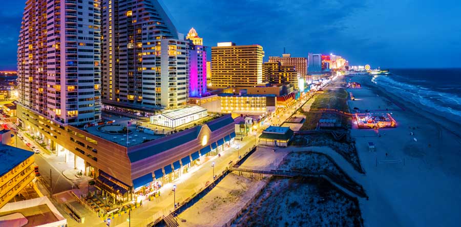 Aerial view of the illuminated Atlantic City at night
