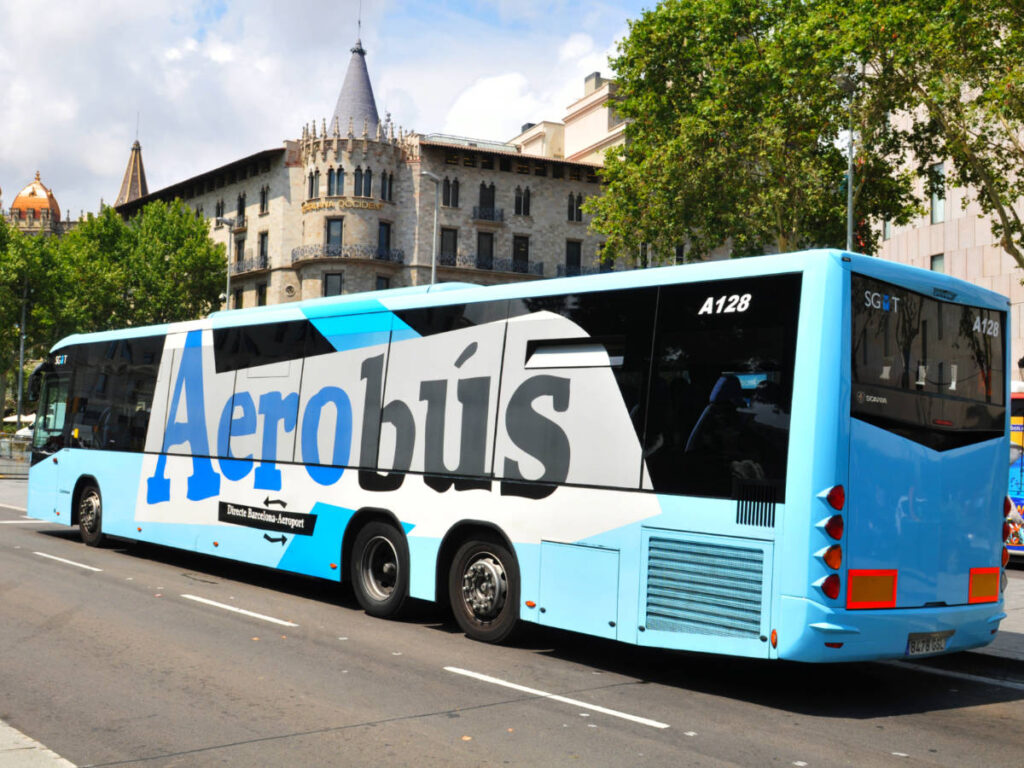 Aerobus airport transfer in Placa de Catalunya (Catalonia Square) in central Barcelona