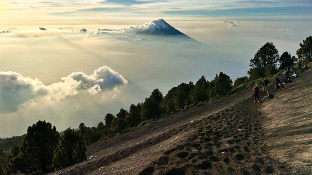 View of the peak of Agua Volcano and the sea of clouds from Acatenango