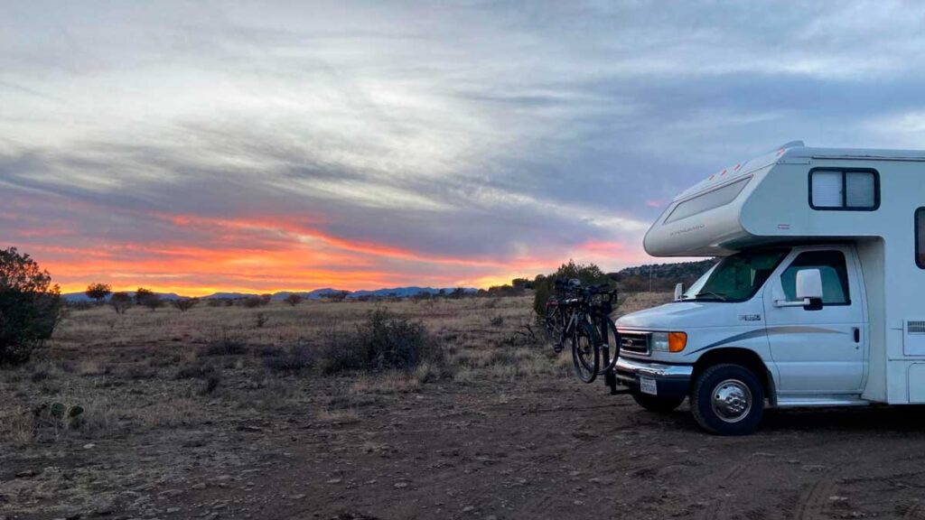 An RV during sunset in Aguirre Spring Campground