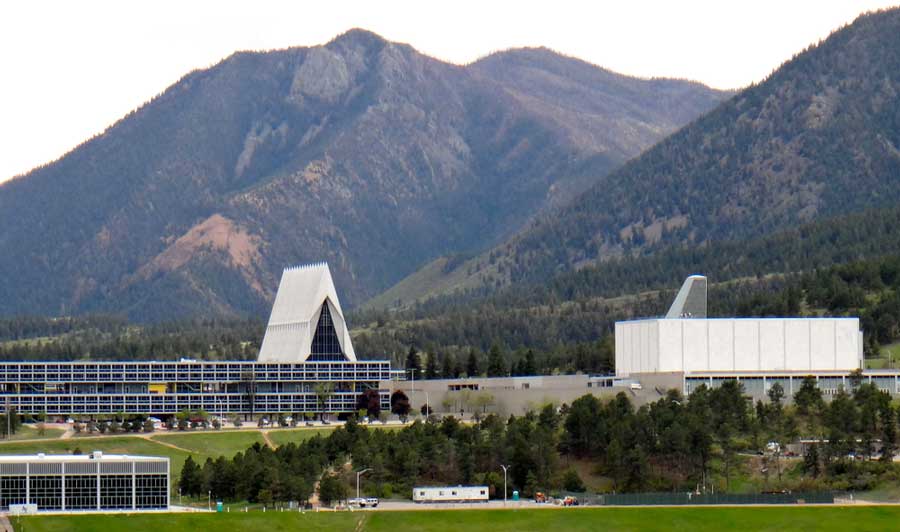 The Air Force Academy surrounded by greenery