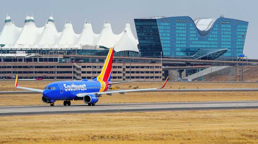 An airplane departing on Denver International Airport