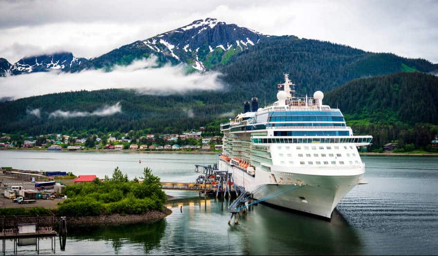 A cruise ship docked on the port of Juneau, Alaska
