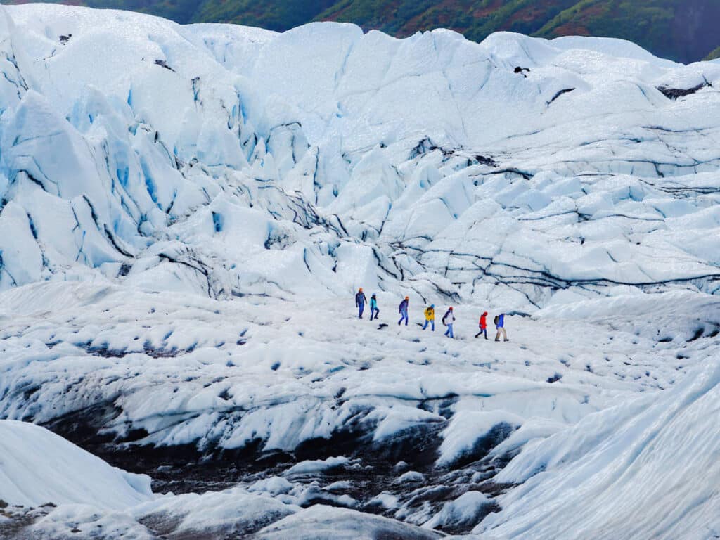 View of hikers at the Matanuska Glacier