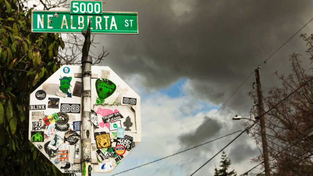 View of the post with artistic touch at Alberta Arts District on a gloomy day