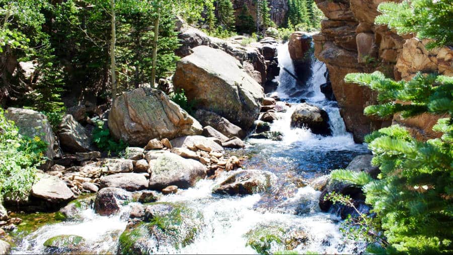 View of the cascading Alberta Falls surrounded by greenery on a sunny day